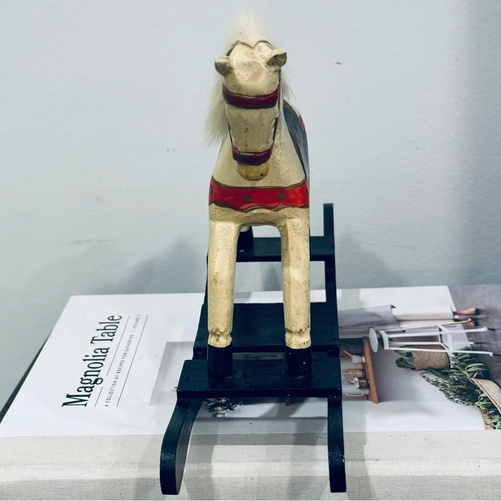 Vintage Carousel Rocking Horse 1940s Carved Wood Hand Painted Real Fur